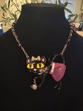 Betsey Johnson Black Cat Necklace with Yellow Eyes and Pink Purse